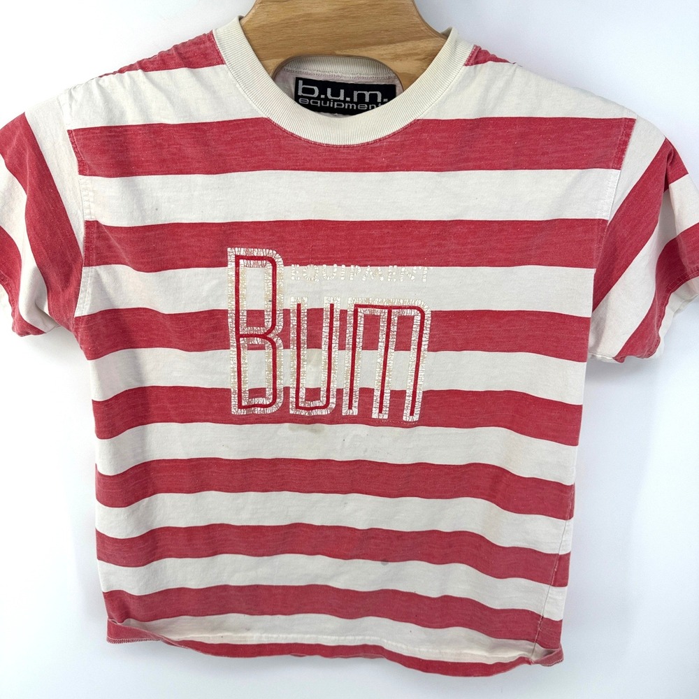 Vintage 90's B.U.M. Equipment Striped Graphic T-Shirt Red White Mens XL